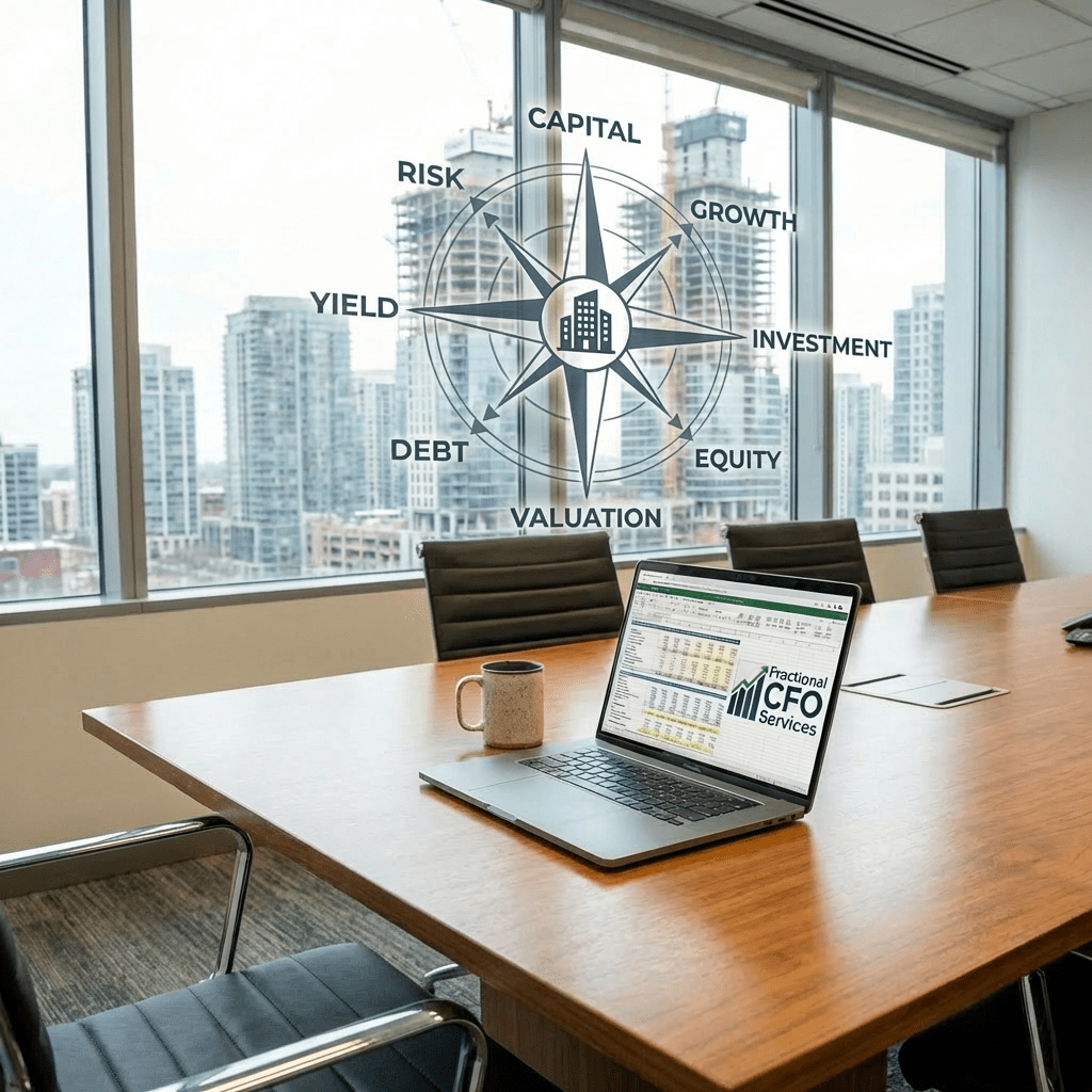 Woman working on a laptop showing the Fractional CFO Services logo in a modern office.